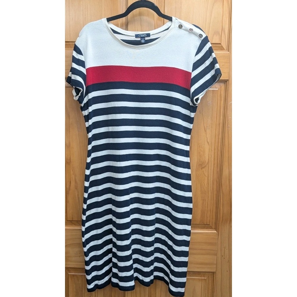 Vintage Chaps Size XL Sweater Striped Dress Button Detail on Shoulder